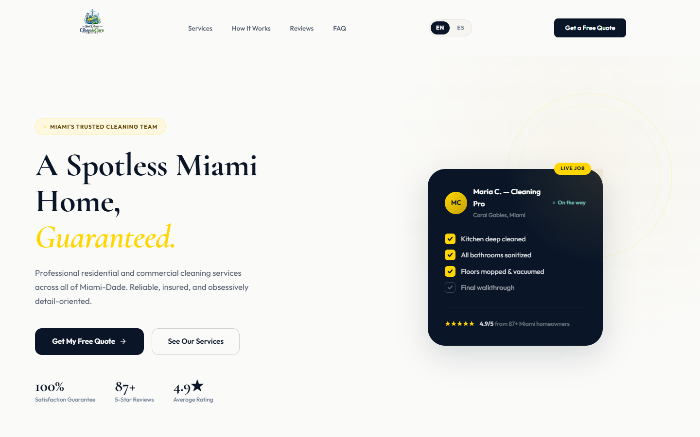 Homepage screenshot of the Clean and Care Services Miami website