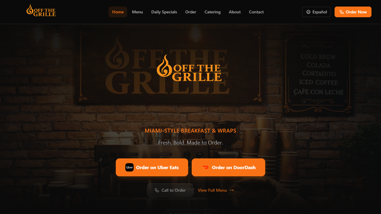 Homepage screenshot of the Off The Grille restaurant website